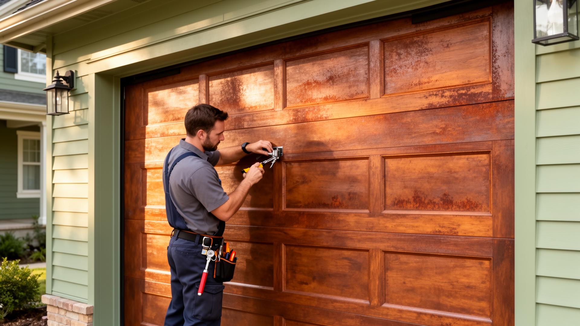 Professional garage door service technician working on a residential garage door in Darien CT
